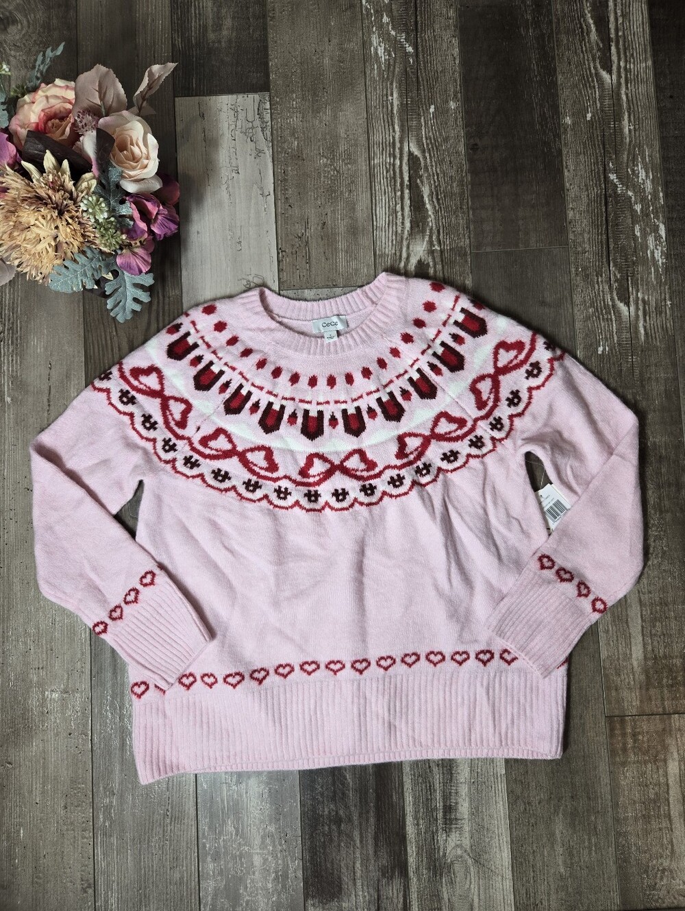 NWT CeCe Pink Crewneck Sweater with Red Heart Yoke Women’s Size Small